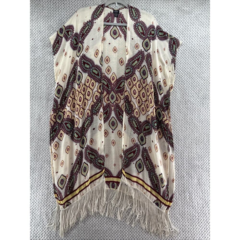 Rosse accessories Long Boho Cardigan Womens S/M Burgundy Open Front Fringe